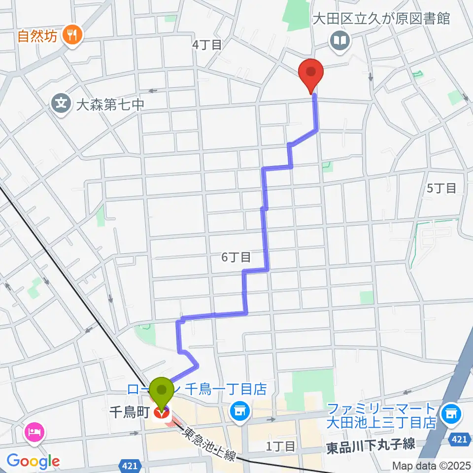 窪田ヴァイオリン教室の最寄駅千鳥町駅からの徒歩ルート（約12分）地図