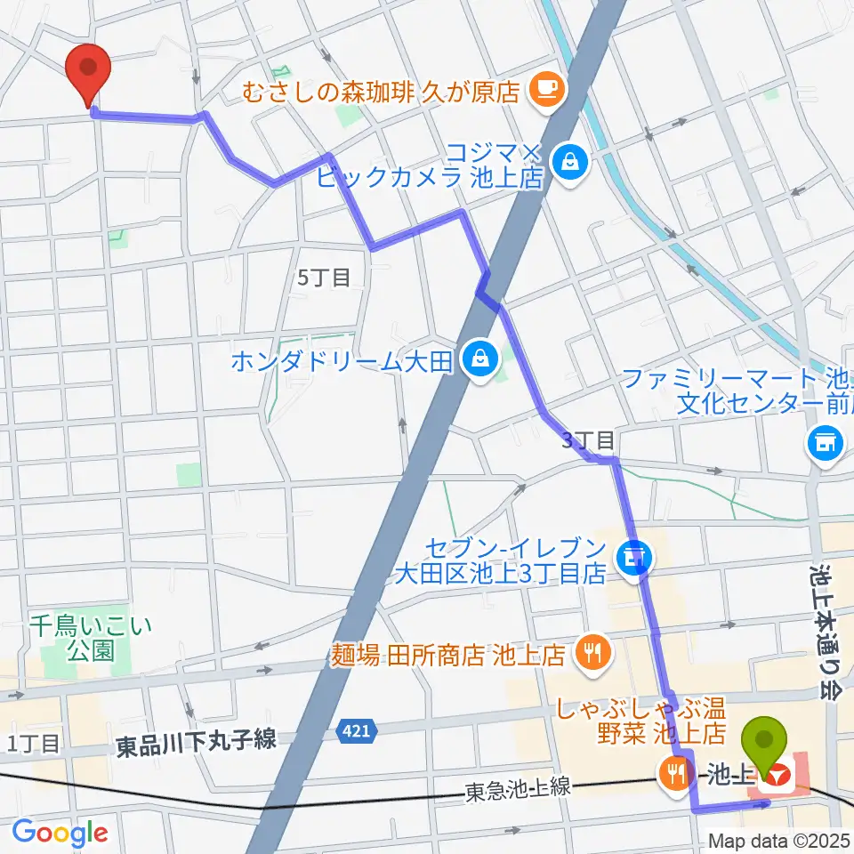 池上駅から窪田ヴァイオリン教室へのルートマップ地図