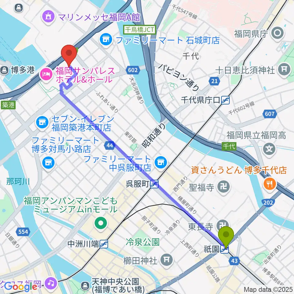 祇園駅から福岡国際会議場へのルートマップ地図