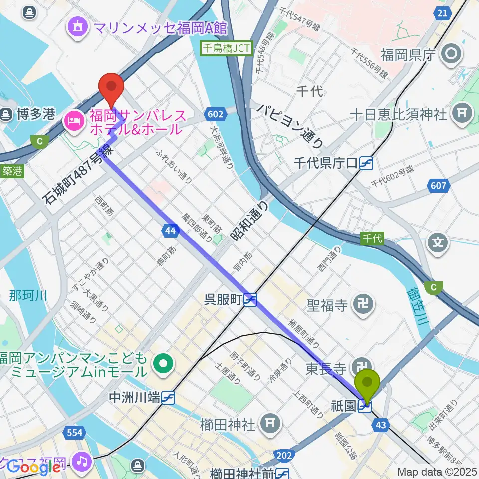 祇園駅から福岡国際会議場へのルートマップ地図
