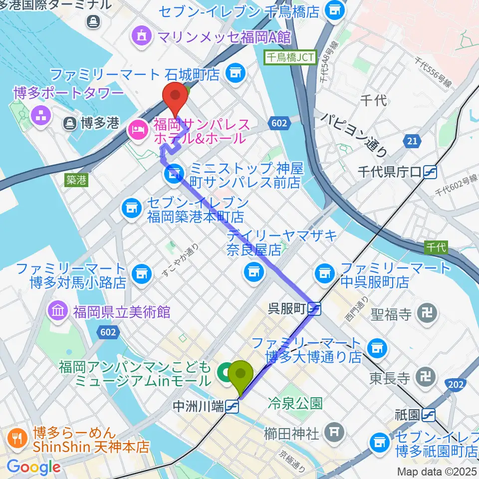 中洲川端駅から福岡国際会議場へのルートマップ地図