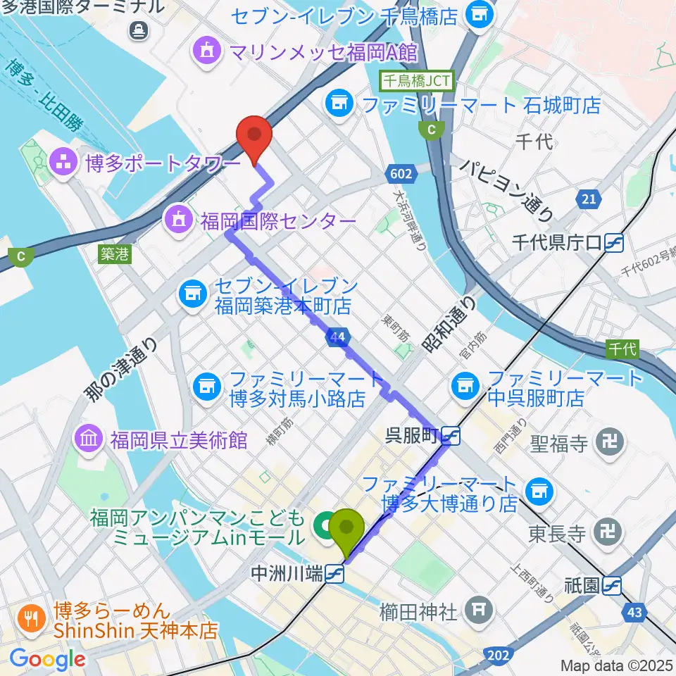 中洲川端駅から福岡国際会議場へのルートマップ地図