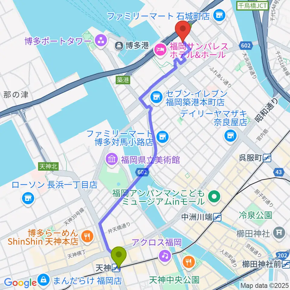 天神駅から福岡国際会議場へのルートマップ地図