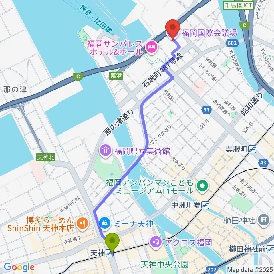 天神駅から福岡国際会議場へのルートマップ地図