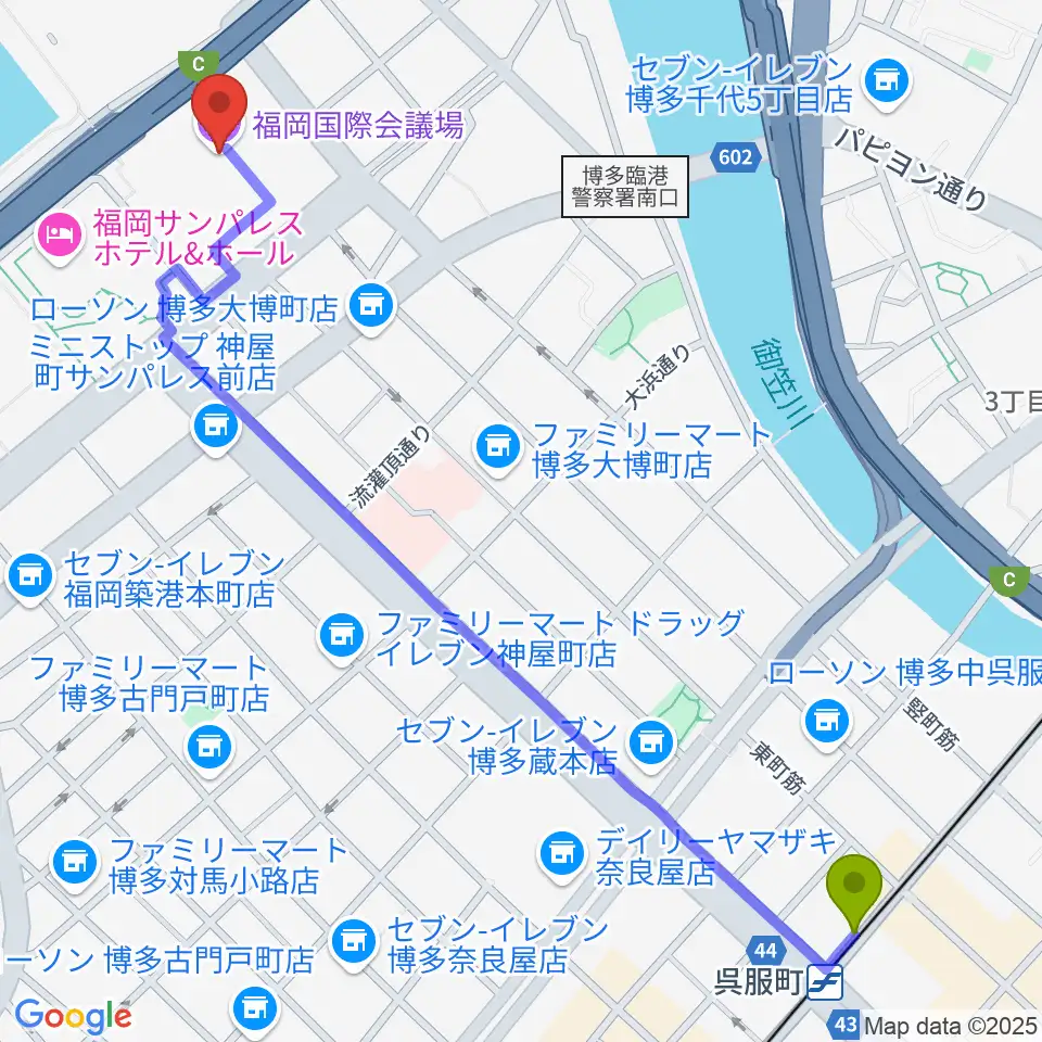 福岡国際会議場の最寄駅呉服町駅からの徒歩ルート（約15分）地図