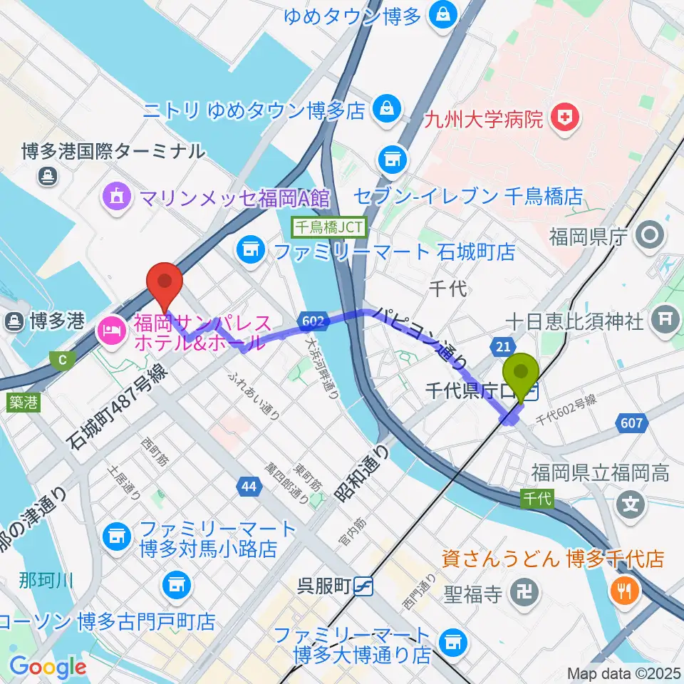 千代県庁口駅から福岡国際会議場へのルートマップ地図
