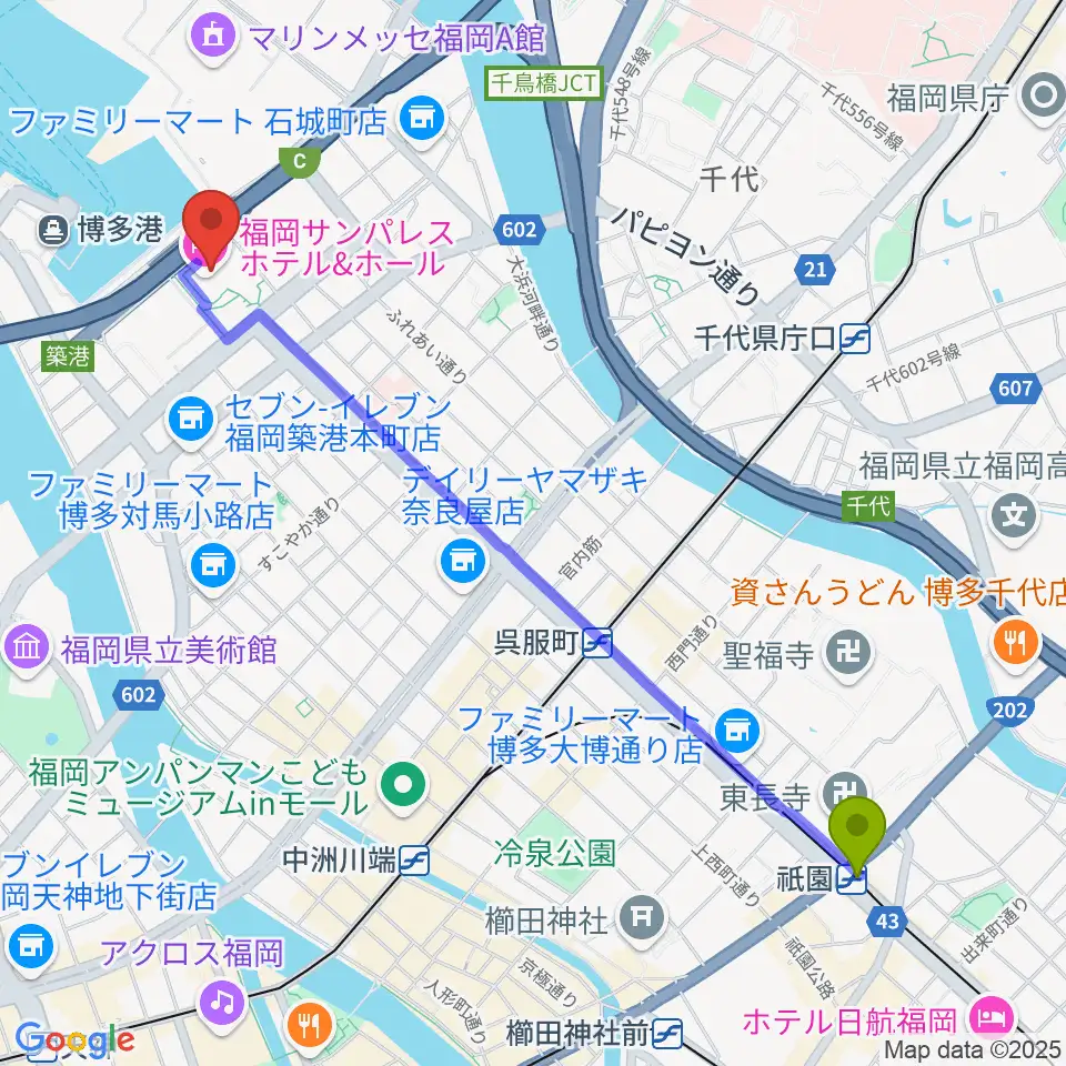 祇園駅から福岡サンパレス ホテル＆ホールへのルートマップ地図