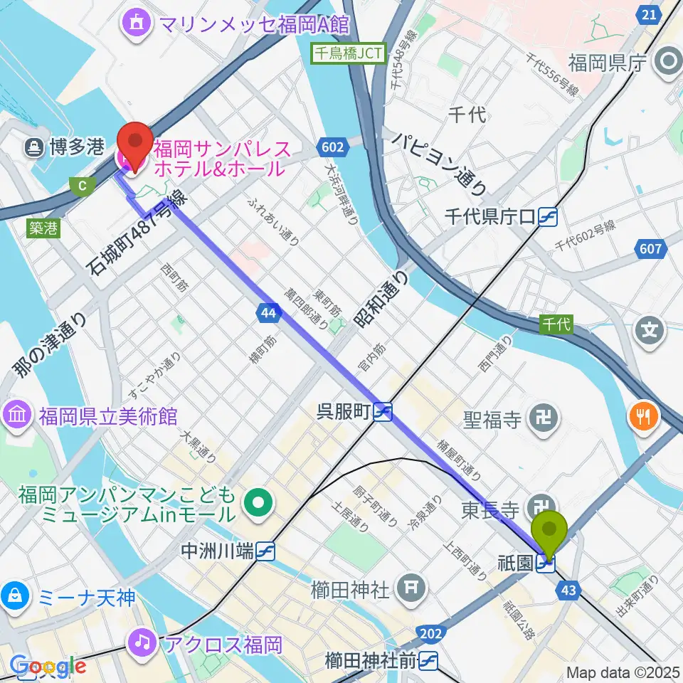 祇園駅から福岡サンパレス ホテル＆ホールへのルートマップ地図
