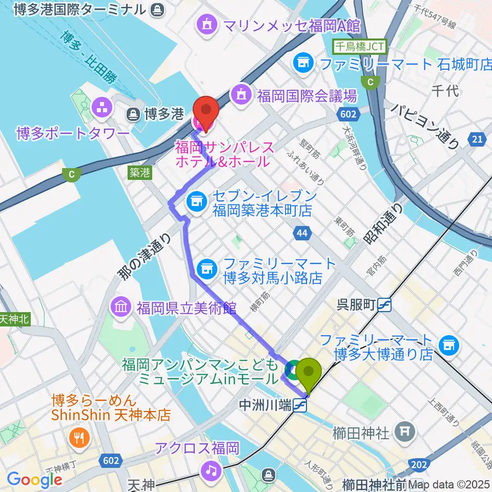 中洲川端駅から福岡サンパレスホールへのルートマップ MDATA 中洲川端駅から福岡サンパレスホールへのルートマップ MDATA