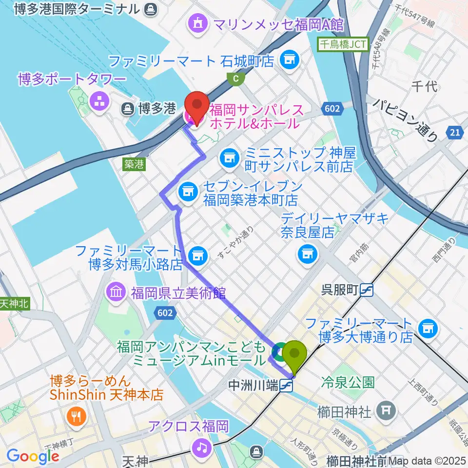 中洲川端駅から福岡サンパレス ホテル＆ホールへのルートマップ地図