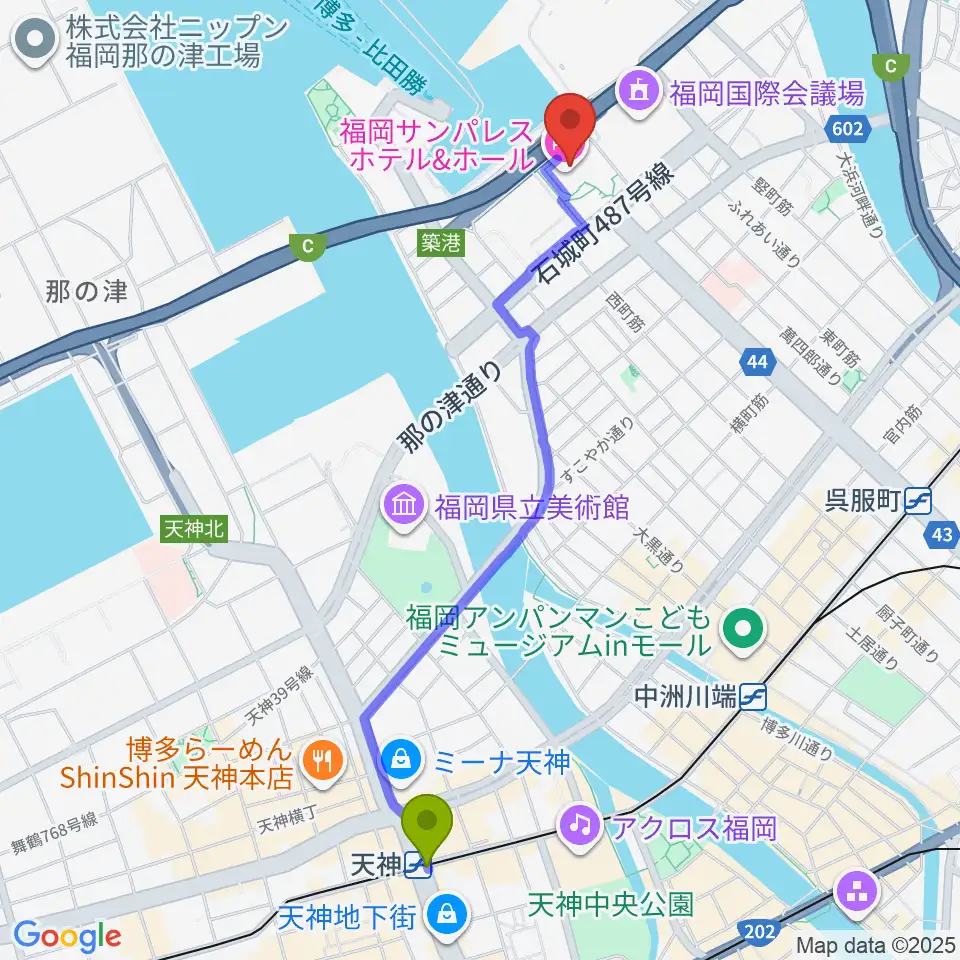 天神駅から福岡サンパレス ホテル＆ホールへのルートマップ地図