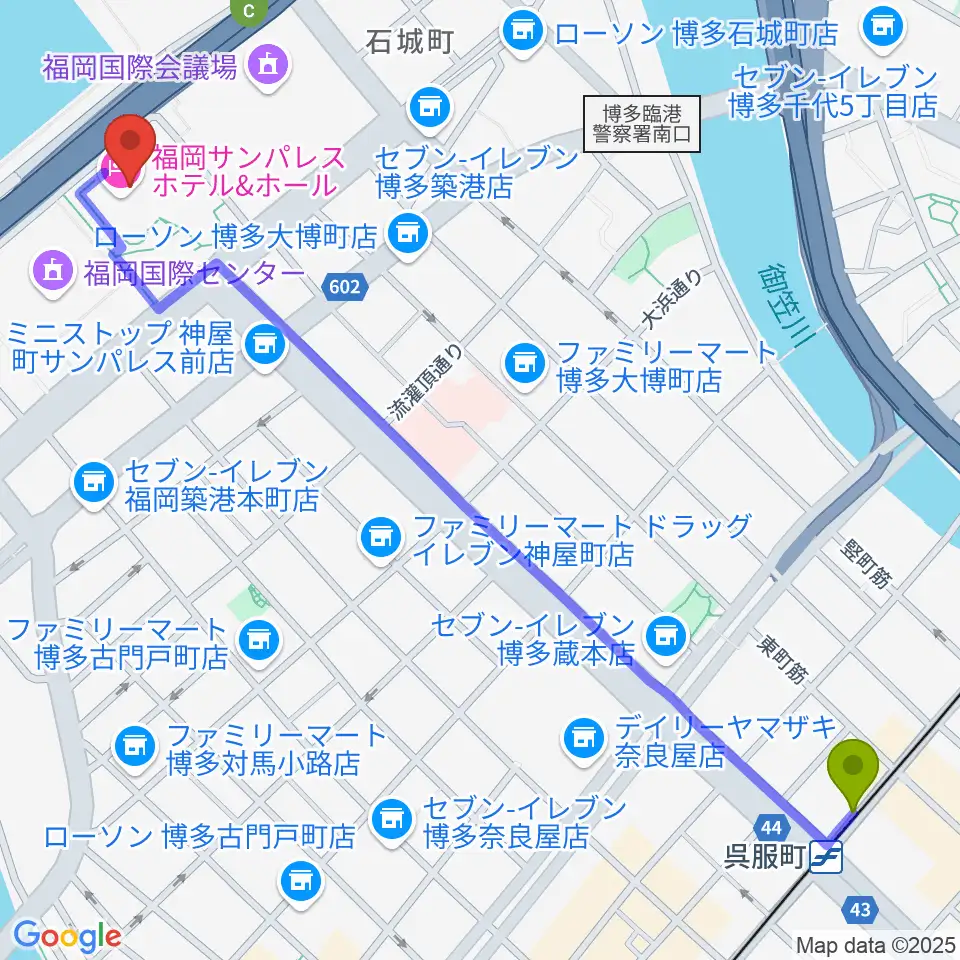 福岡サンパレス ホテル＆ホールの最寄駅呉服町駅からの徒歩ルート（約16分）地図