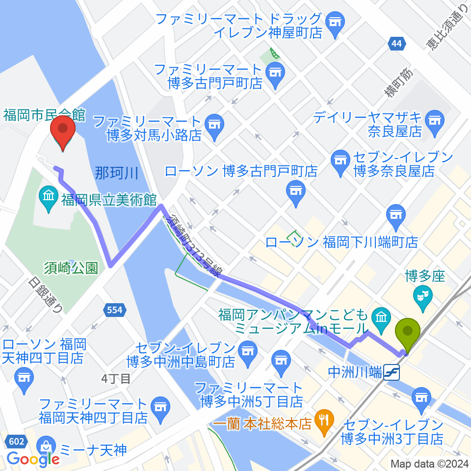中洲川端駅から福岡市民会館へのルートマップ地図