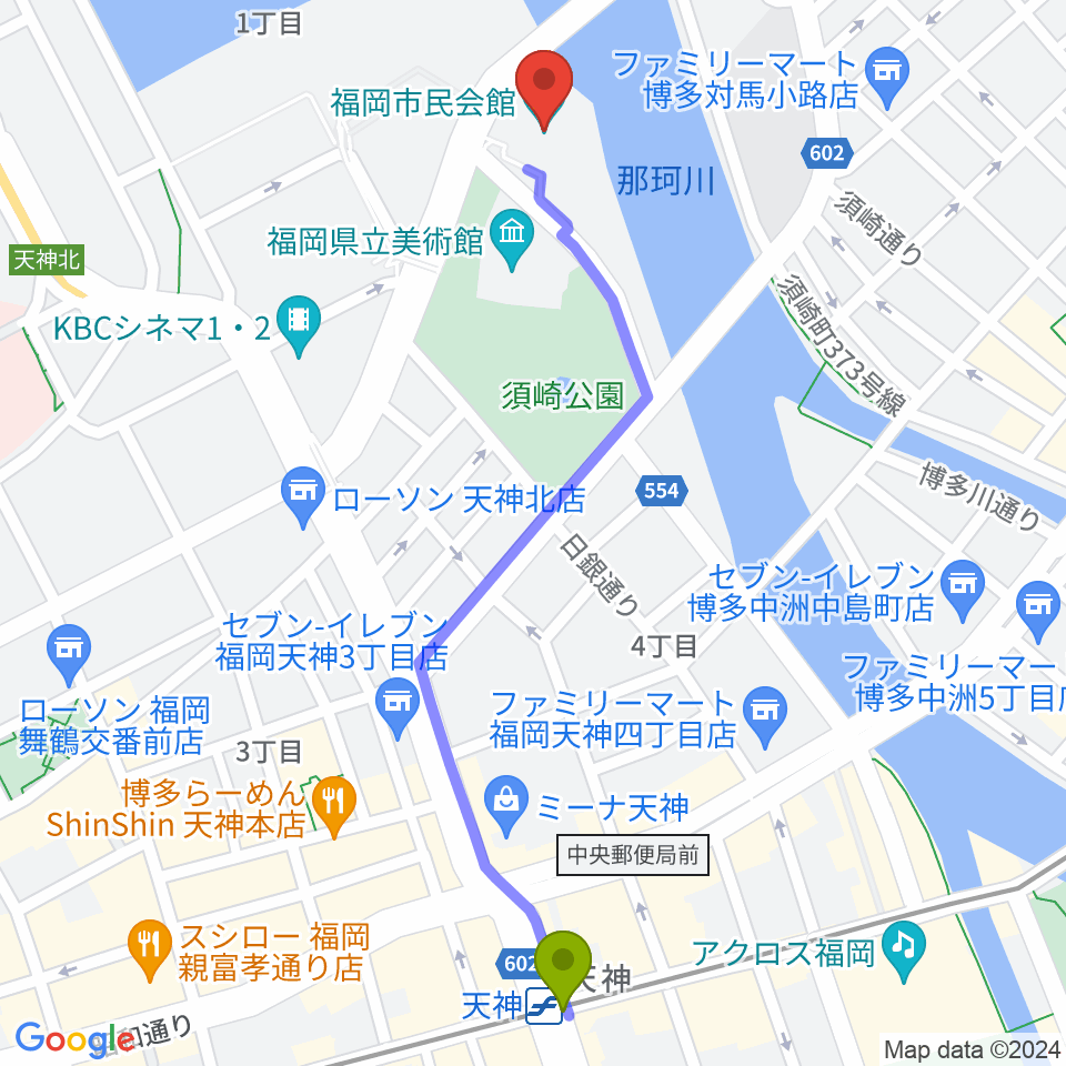 福岡市民会館の最寄駅天神駅からの徒歩ルート（約13分）地図