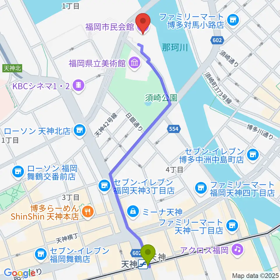 福岡市民会館の最寄駅天神駅からの徒歩ルート（約13分）地図