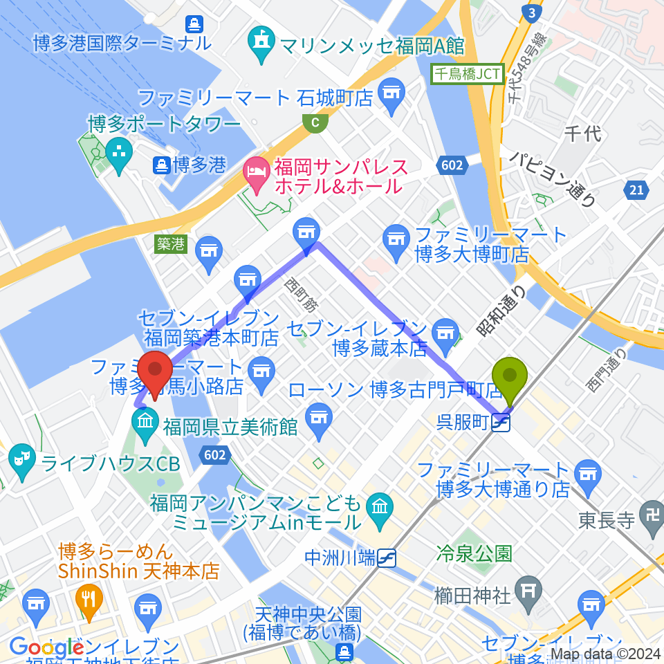 呉服町駅から福岡市民会館へのルートマップ地図