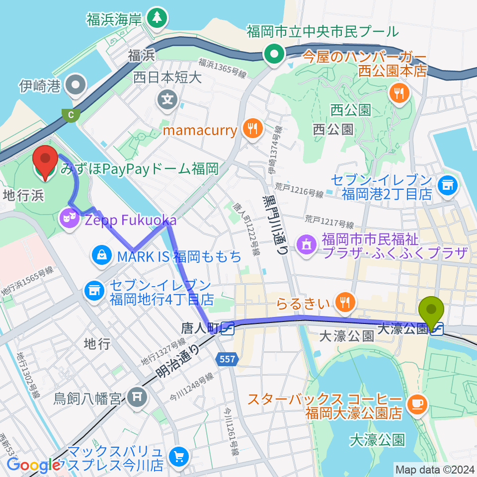 大濠公園駅からみずほPayPayドーム福岡へのルートマップ地図