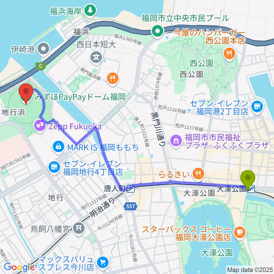 大濠公園駅からみずほPayPayドーム福岡へのルートマップ地図