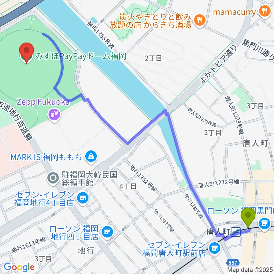 みずほPayPayドーム福岡の最寄駅唐人町駅からの徒歩ルート（約16分）地図