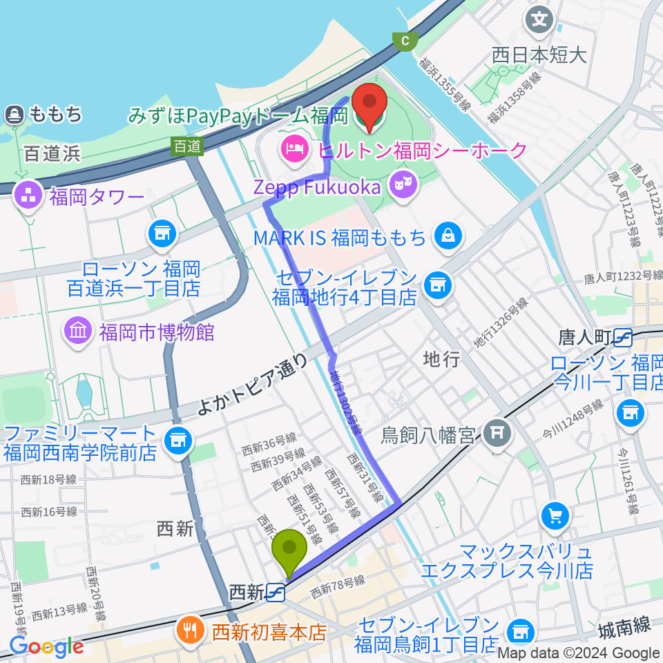 西新駅からみずほPayPayドーム福岡へのルートマップ地図