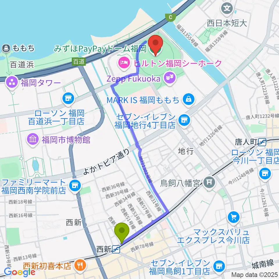 西新駅からみずほPayPayドーム福岡へのルートマップ地図