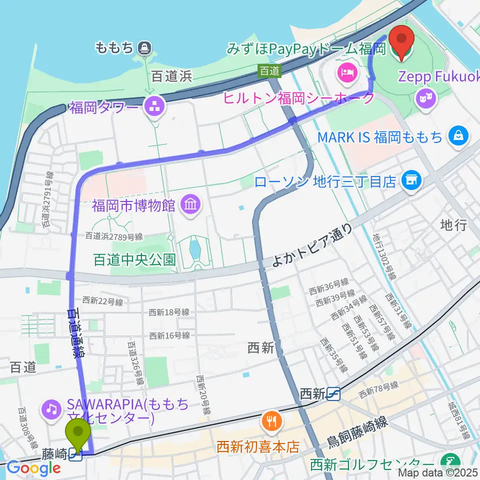 藤崎駅からみずほPayPayドーム福岡へのルートマップ地図