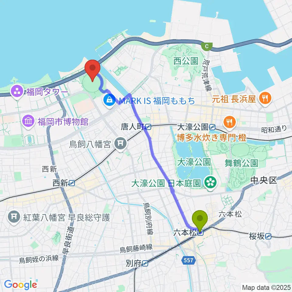 六本松駅からみずほPayPayドーム福岡へのルートマップ地図