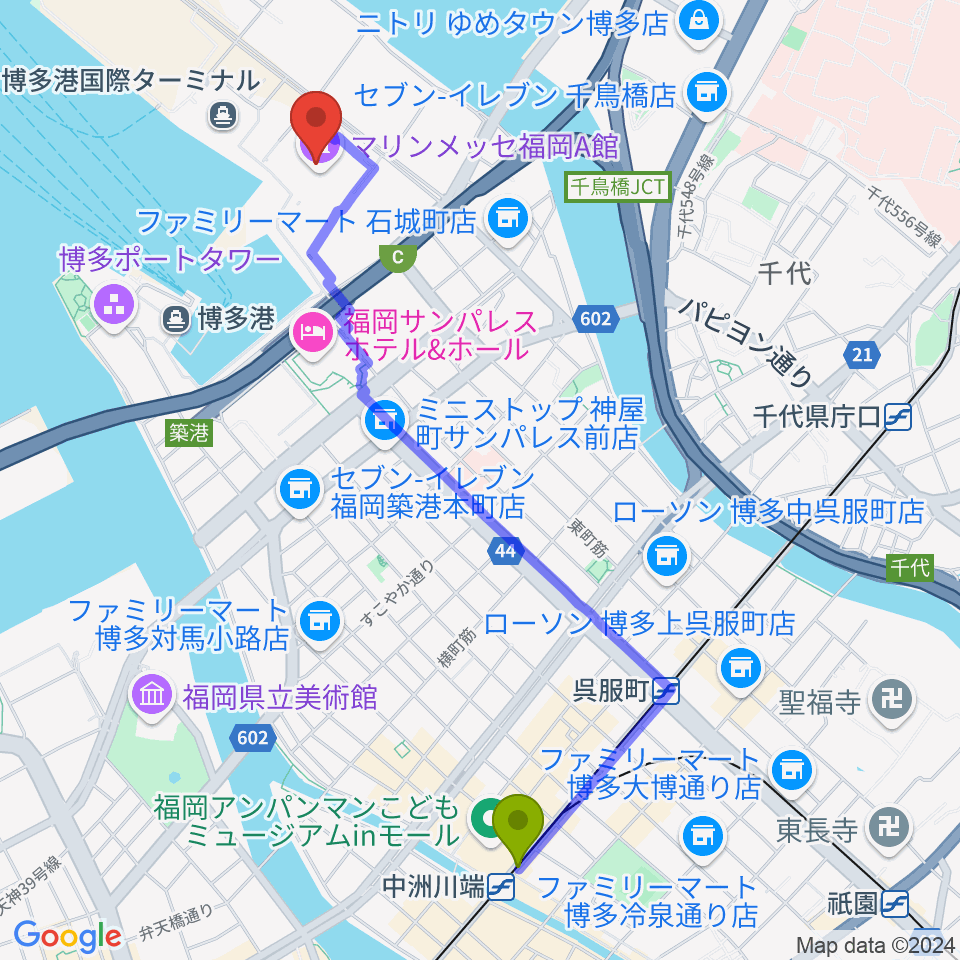 中洲川端駅からマリンメッセ福岡A館へのルートマップ地図