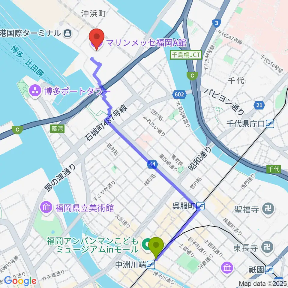 中洲川端駅からマリンメッセ福岡A館へのルートマップ地図