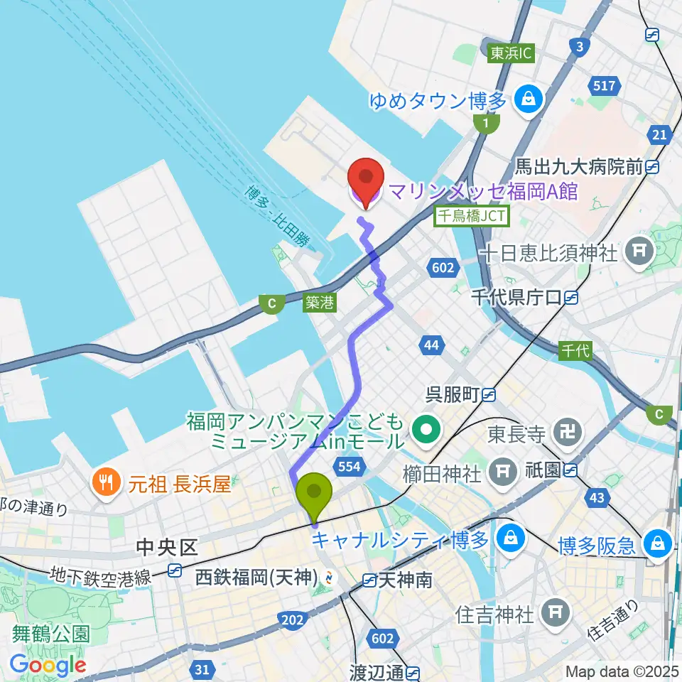 天神駅からマリンメッセ福岡A館へのルートマップ地図