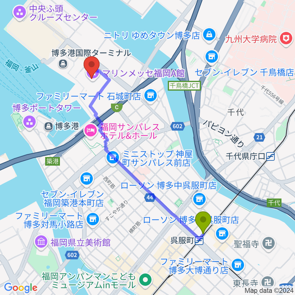 マリンメッセ福岡A館の最寄駅呉服町駅からの徒歩ルート（約21分）地図