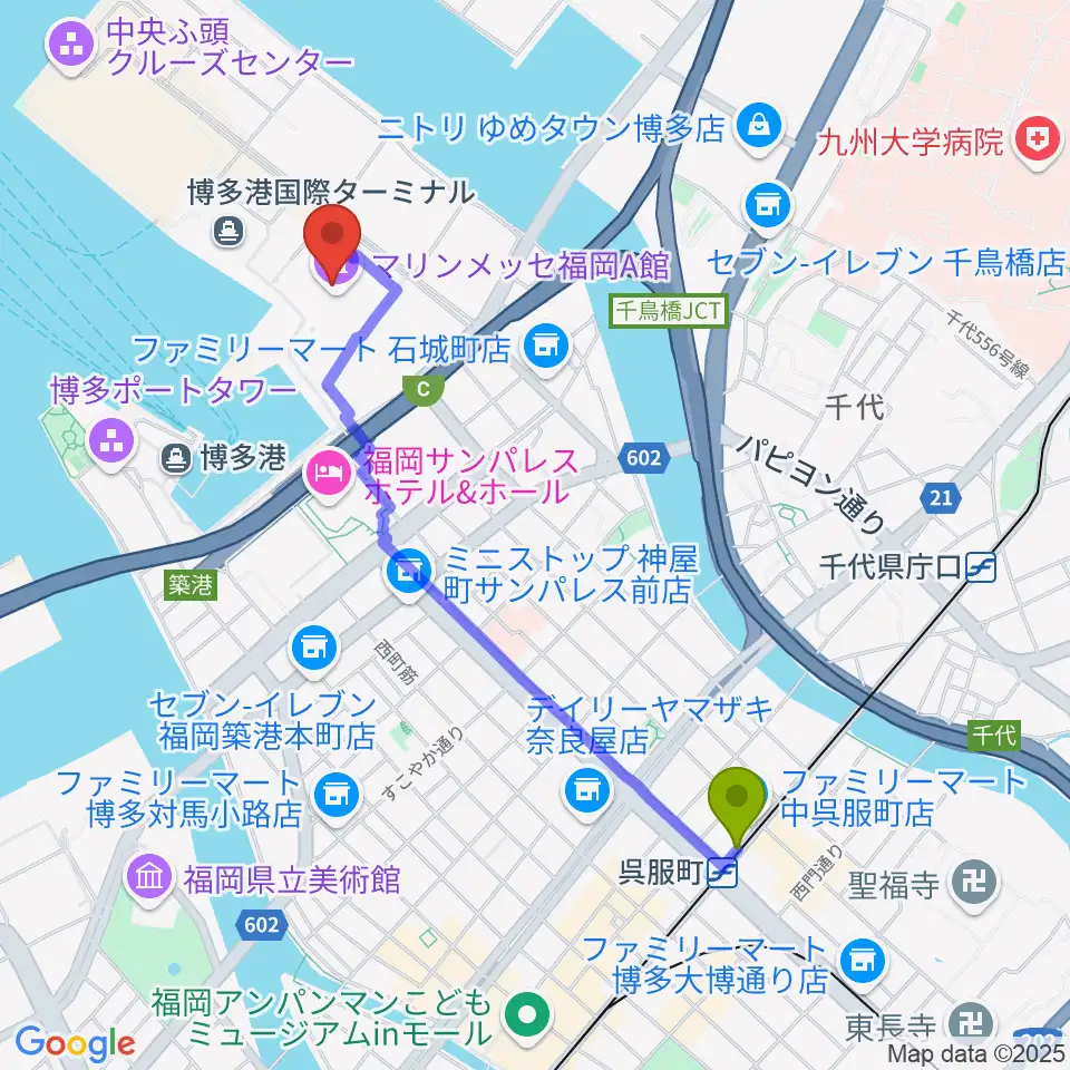 マリンメッセ福岡A館の最寄駅呉服町駅からの徒歩ルート（約21分）地図