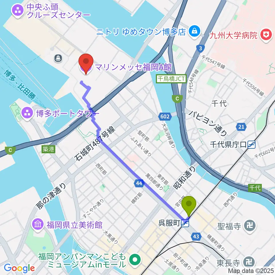 マリンメッセ福岡A館の最寄駅呉服町駅からの徒歩ルート（約20分）地図