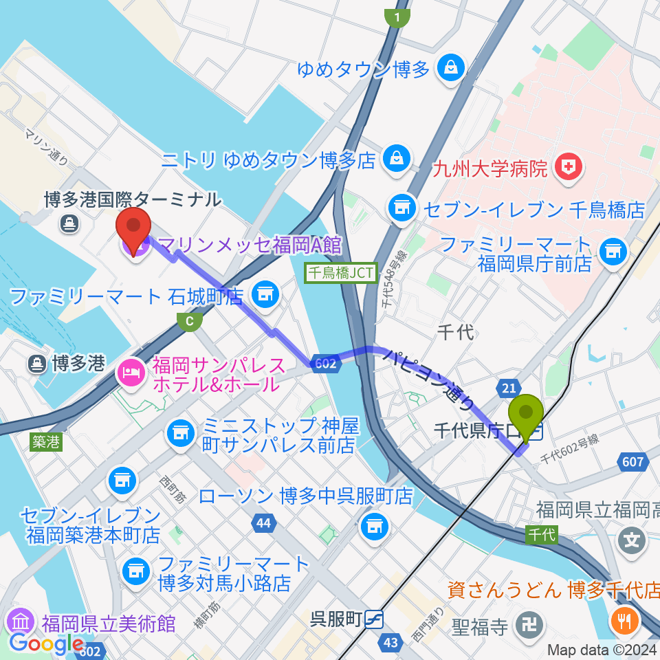 千代県庁口駅からマリンメッセ福岡A館へのルートマップ地図