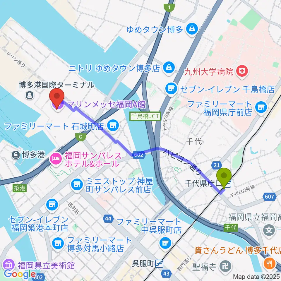 千代県庁口駅からマリンメッセ福岡A館へのルートマップ地図