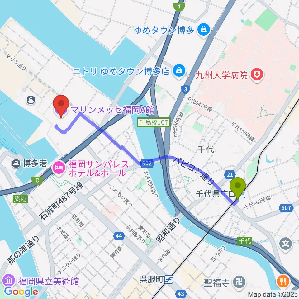千代県庁口駅からマリンメッセ福岡A館へのルートマップ地図