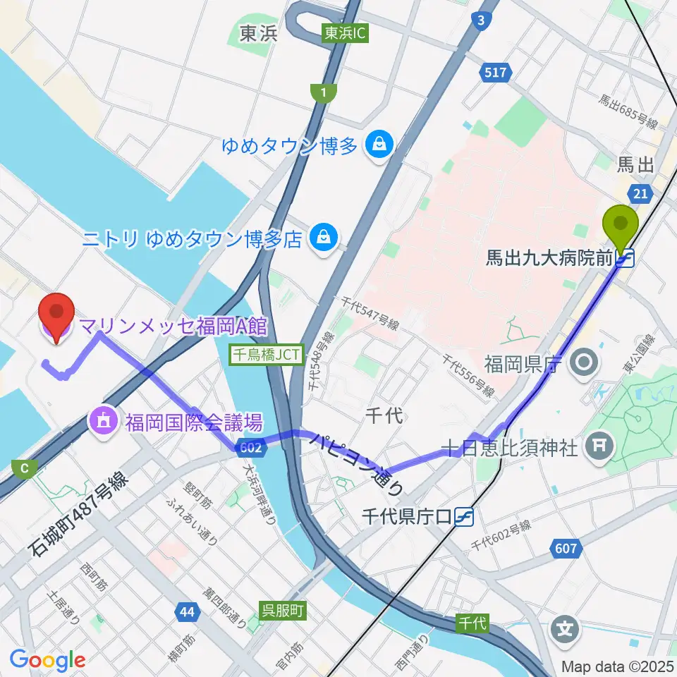 馬出九大病院前駅からマリンメッセ福岡A館へのルートマップ地図