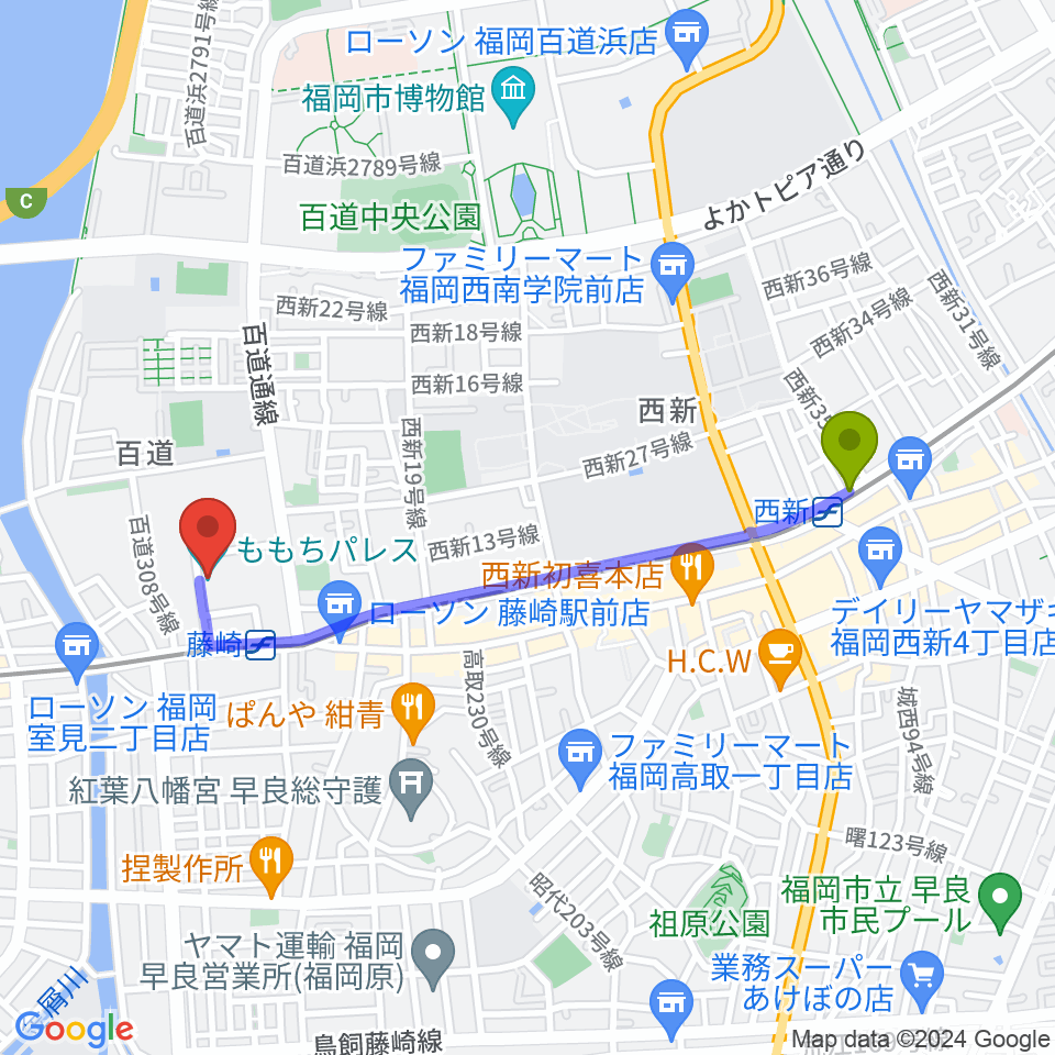 西新駅からももちパレス 福岡県立ももち文化センターへのルートマップ地図