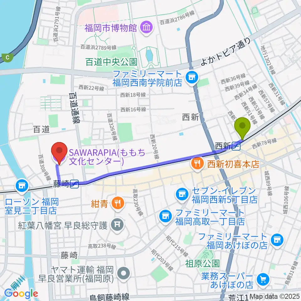 西新駅からサワラピア 福岡県立ももち文化センターへのルートマップ地図