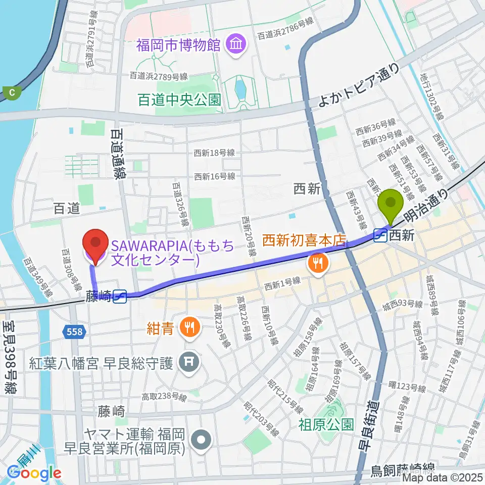 西新駅からサワラピア 福岡県立ももち文化センターへのルートマップ地図