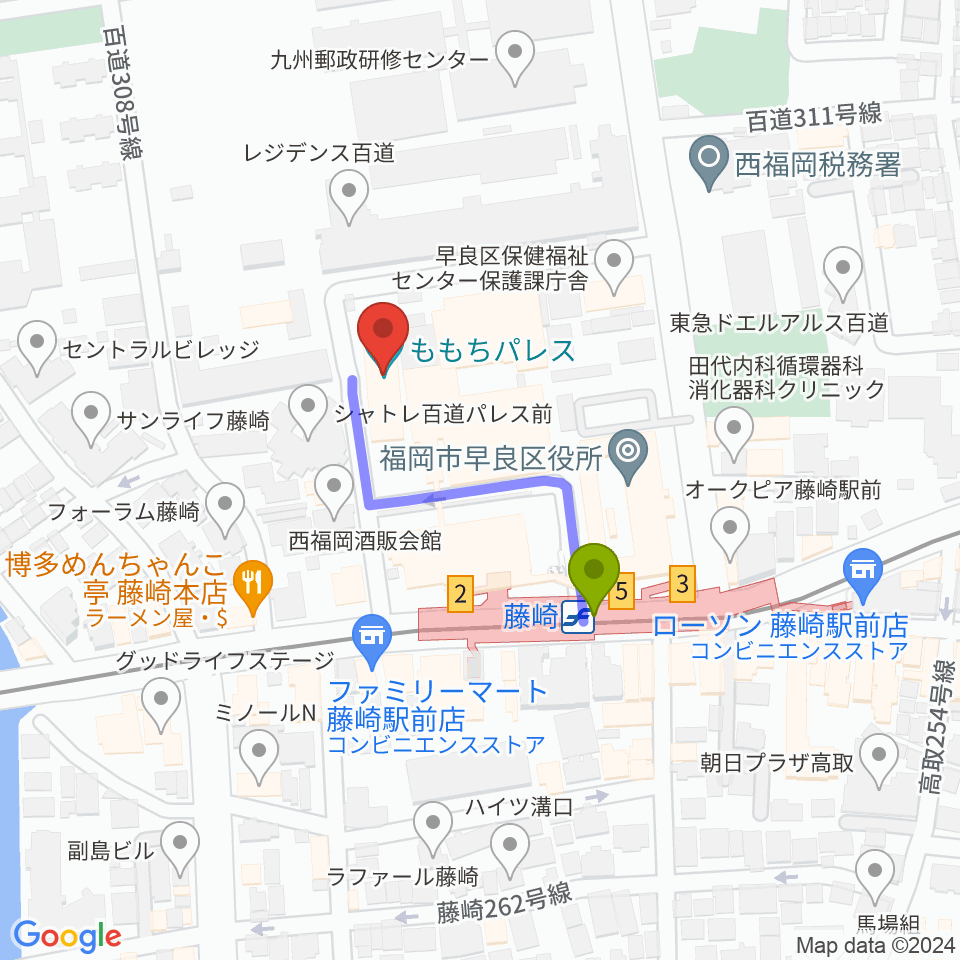 ももちパレス 福岡県立ももち文化センターの最寄駅藤崎駅からの徒歩ルート（約3分）地図