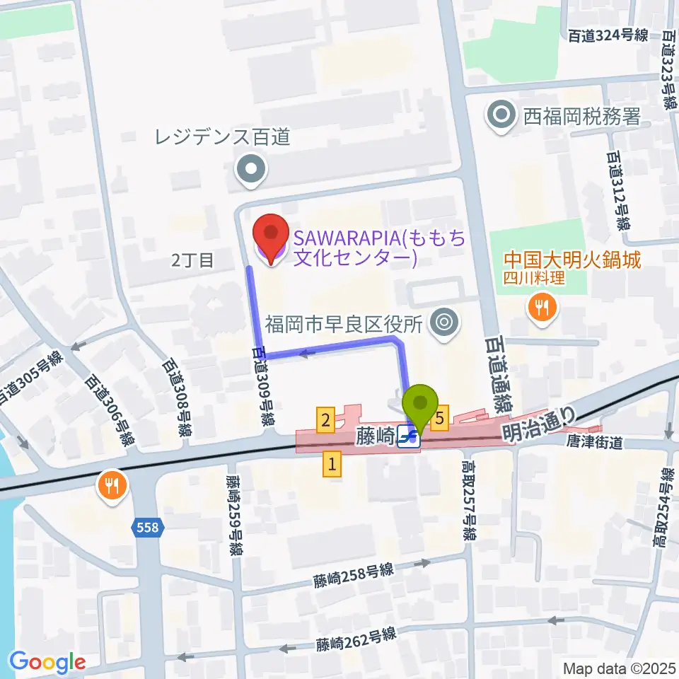 サワラピア 福岡県立ももち文化センターの最寄駅藤崎駅からの徒歩ルート（約3分）地図