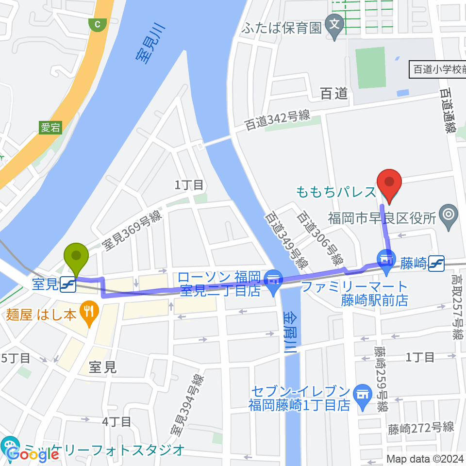 室見駅からももちパレス 福岡県立ももち文化センターへのルートマップ地図