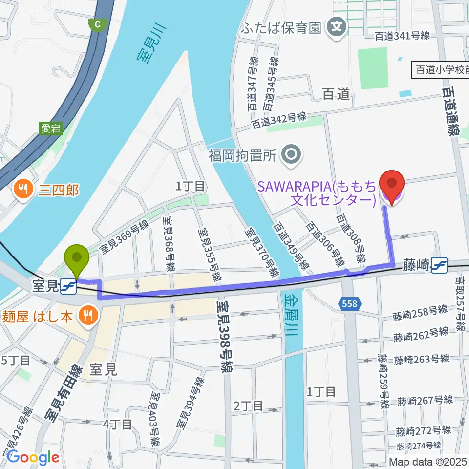 室見駅からサワラピア 福岡県立ももち文化センターへのルートマップ地図