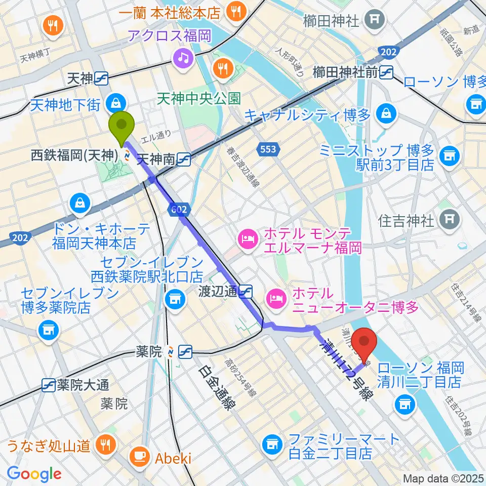 西鉄福岡（天神）駅から福岡UTEROへのルートマップ地図