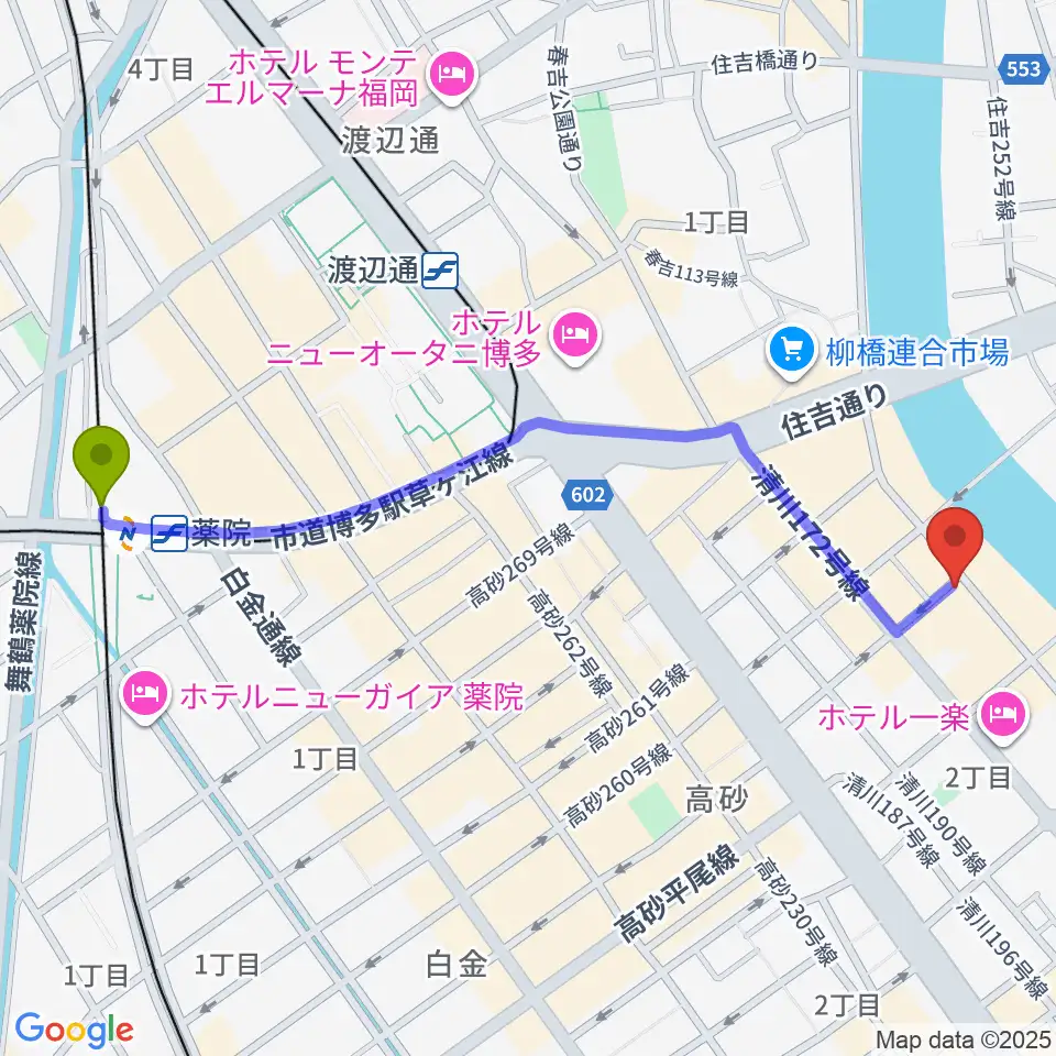 薬院駅から福岡UTEROへのルートマップ地図
