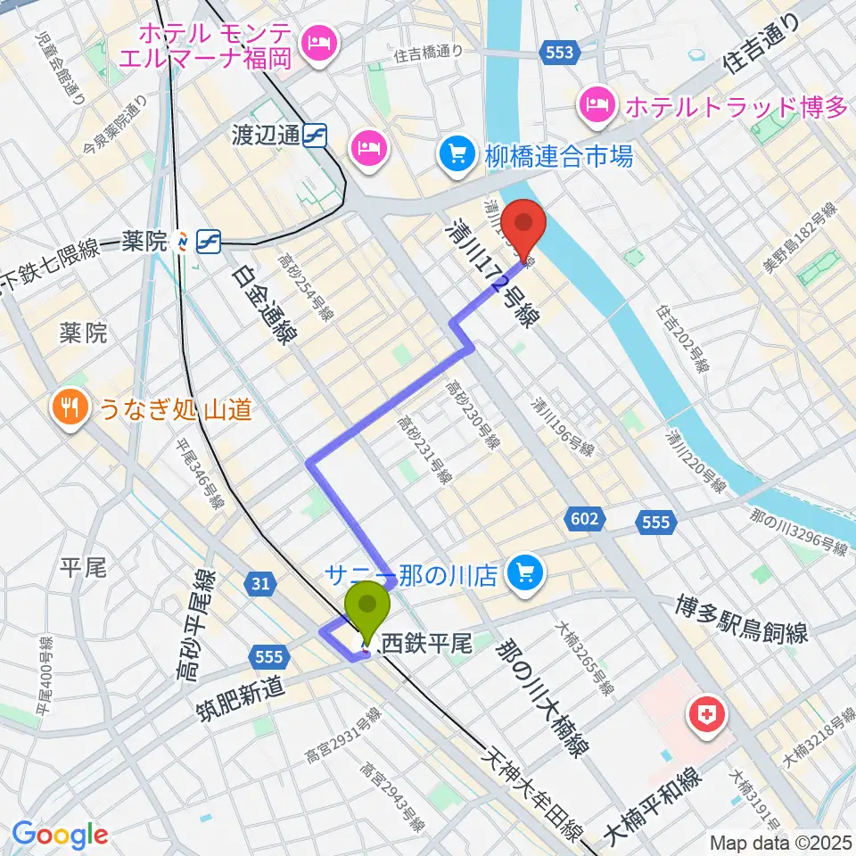 西鉄平尾駅から福岡UTEROへのルートマップ地図