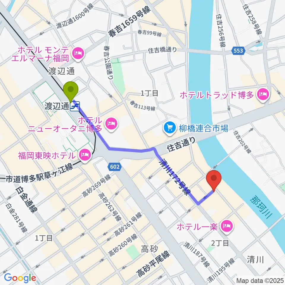 福岡UTEROの最寄駅渡辺通駅からの徒歩ルート（約9分）地図