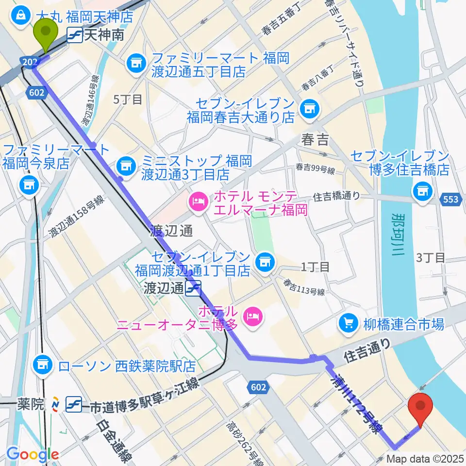 天神南駅から福岡UTEROへのルートマップ地図