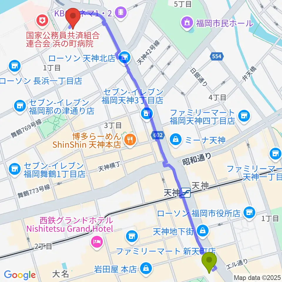 西鉄福岡（天神）駅からライブハウスCBへのルートマップ地図